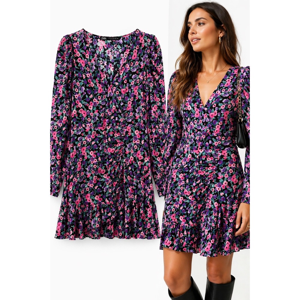 ZARA Floral Ruched Mini Dress Puff Sleeve Ruffle Hem V Neck S